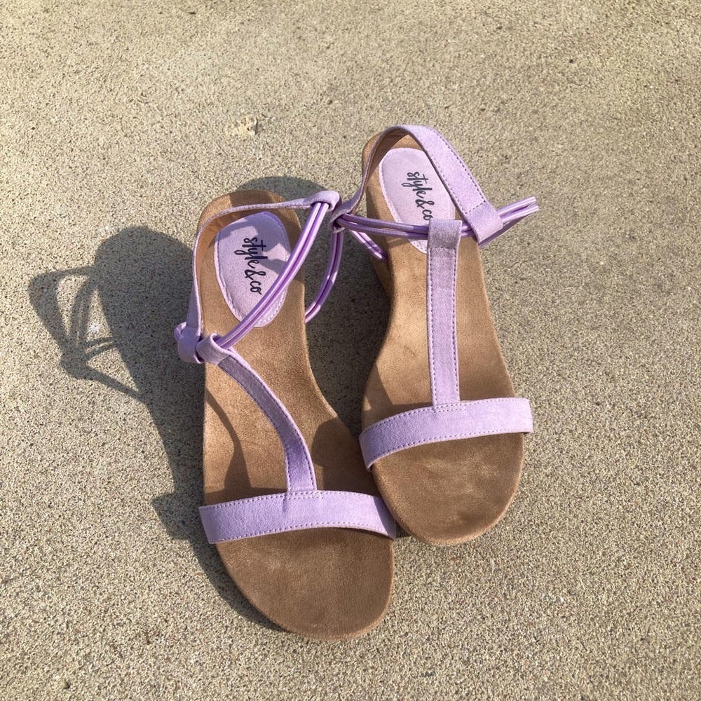 Style & Co Wedge Sandals in Lavender with elastic ankle strap; women’s size 6.5